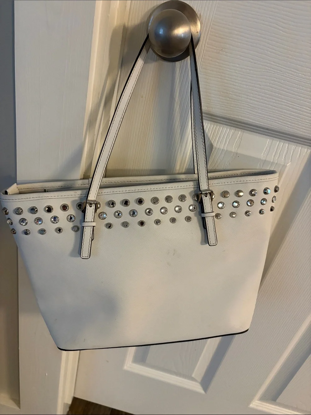 Michael Kors White Studded Saffiano Tote with MK Charm